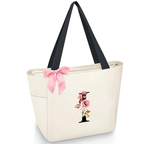 Tote Bag, A-Z Initial Monogrammed Waterproof Tote Bag, Bridesmaid Gifts for Women, Black and Pink (I, Beige)