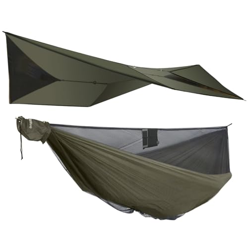 Camping Hammock with Rain Fly and Bug Net Portable Lightweight 11ft Double Hammock with 12ft Ultralight Silnylon Tarp and Mosquito Net Ridgeline 12Ft Tree Straps for Camping Hiking Backpacking
