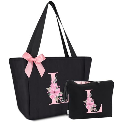 Tote Bag, A-Z Initial Monogrammed Waterproof Tote Bag, Bridesmaid Gifts for Women, Black and Pink (L, Black Set)