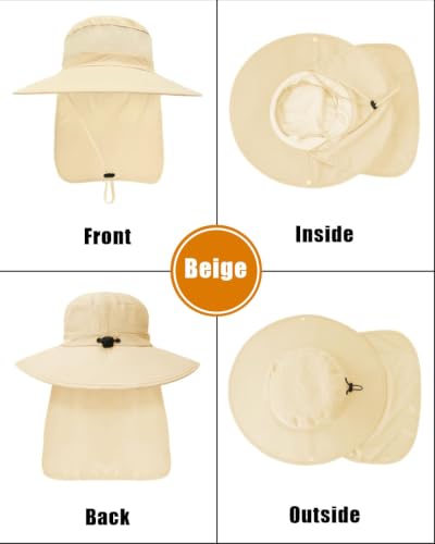 Outdoor Sun Hats with Stowable Neck Flap for Men Women UPF 50+ Mesh Summer Bucket Hat Wide Brim for Fishing Safari Hiking Beige