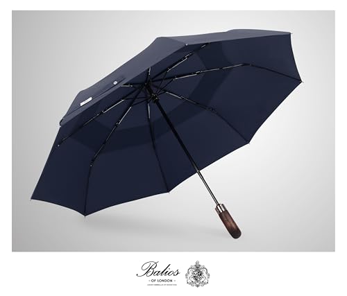 Folding Umbrella Real Wood Handle Auto Open Close Dark Navy