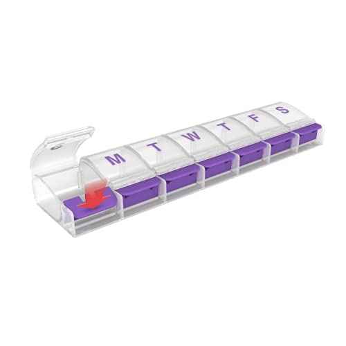 Weekly (7-Day) Pill Case, Medicine Planner, Vitamin Organizer Box, 2X-Large Push-Button Compartments, Color May Vary, BPA Free