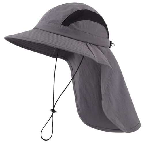 UPF 50+ Sun Hats for Men Women Wide Brim Fishing Hat with Neck Flap Summer Beach Safari UV Protection Bucket Hat Gardening Dark Grey