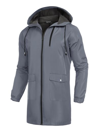 Men's Waterproof Rain Jacket with Hood Lightweight Windproof Outdoor Active Long Raincoat