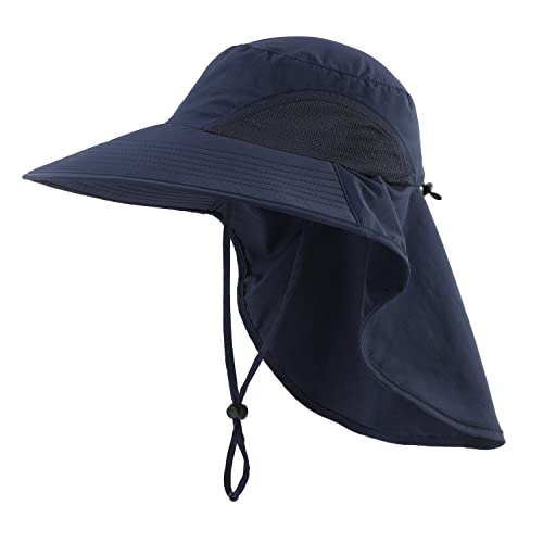 UPF50+ Mens Sun Hat Wide Brim Mesh Fishing Hat with Neck Flap UV Protection Hat for Gardening Golf Navy Blue