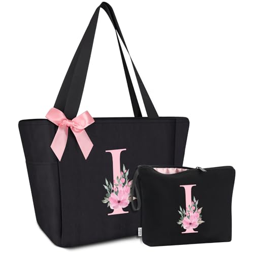Tote Bag, A-Z Initial Monogrammed Waterproof Tote Bag, Bridesmaid Gifts for Women, Black and Pink (I, Black Set)