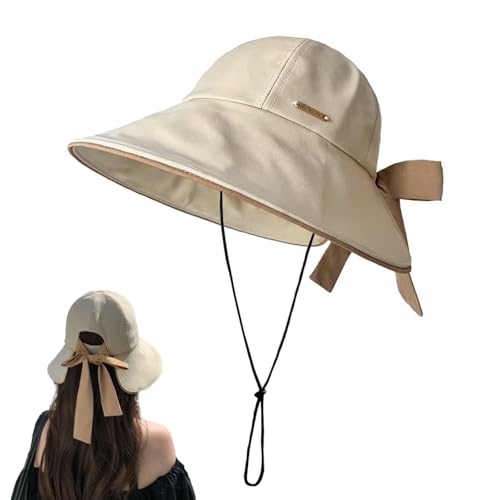 Wide Brim Hats for Woman Foldable Hats Sun Hats for Women uv Protection Bowknot Fishing hat Adjustable hat with Ponytail Hole Beige