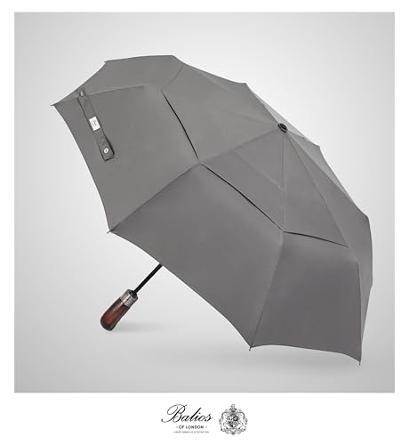 Folding Umbrella Real Wood Handle Auto Open Close Metallic Gray