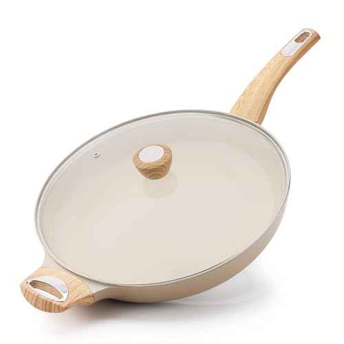 12.5inch Ceramic Nonstick Frying Pan Paella Pan with Lid
