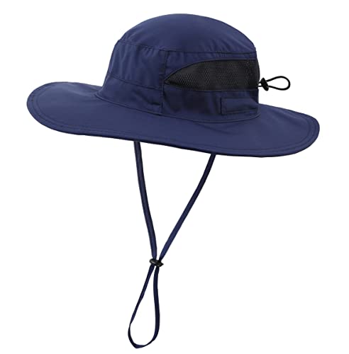 Womens Outdoor Mesh Boonie Sun Hat Summer Wide Brim UV Protection Fishing Hat Safari Cap Navy Blue