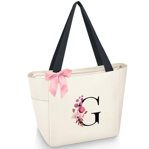 Tote Bag, A-Z Initial Monogrammed Waterproof Tote Bag, Bridesmaid Gifts for Women, Black and Pink (G, Beige)