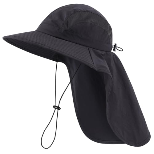 UPF 50+ Sun Hats for Men Women Wide Brim Fishing Hat with Neck Flap Summer Safari Beach Bucket UV Protection Cap for Hiking Gardening Black