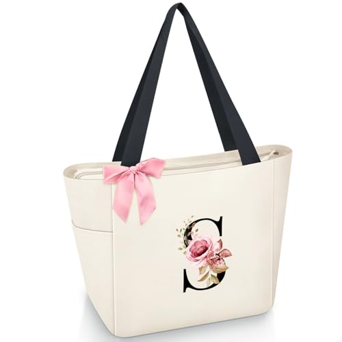 Tote Bag, A-Z Initial Monogrammed Waterproof Tote Bag, Bridesmaid Gifts for Women, Black and Pink (S, Beige)