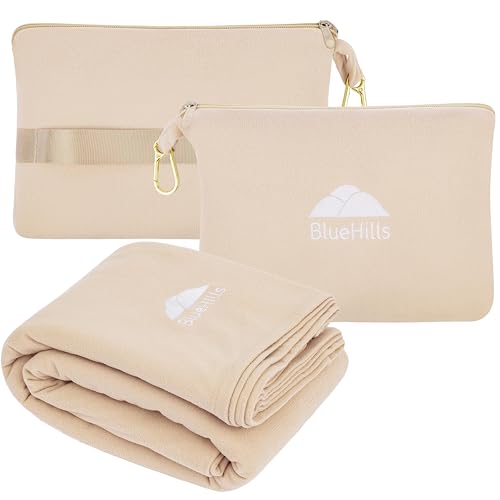 Premium Soft Lightweight Travel Blanket Pillow Pocket Size Beige