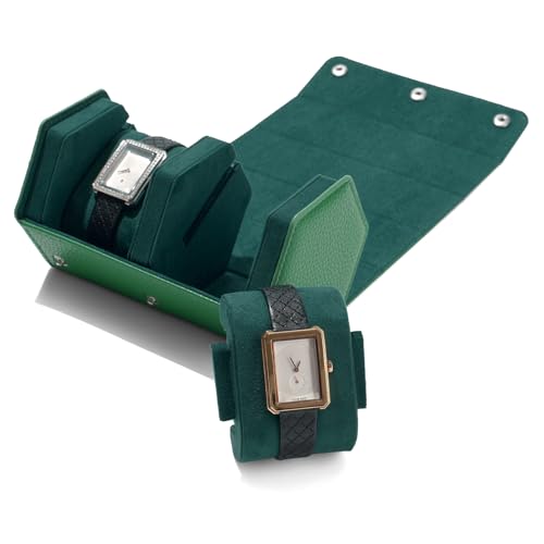 Green Leather Watch Roll Travel Case for Men