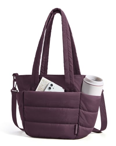 Lunch Bag Women Small Insulated Tote with Lunch Compartment Quilted Lightweight Puffy Tote Bag for Work (Crimson Purple)