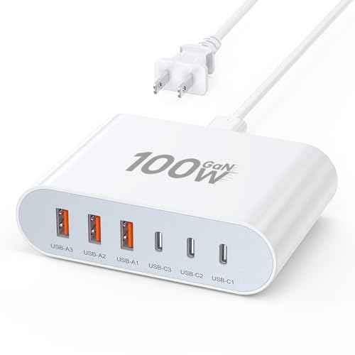 100W USB C Fast Charger Block Compact GaN 6 Port PD USB C and QC USB A Wall Charger Type C Charging Station Hub Adapter Plug Cube Brick for iPhone 17 16 15 14 Pro Max iPad Pro Air Samsung Pixel LG