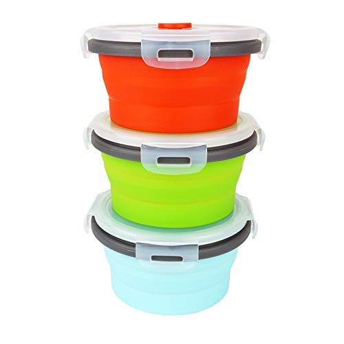 Ecomorning 3Piece Round Collapsible Lunch Container Silicone Food Storage Containers Collapsible Camping Bowl with Airtight Silicone Lids (3 Count)