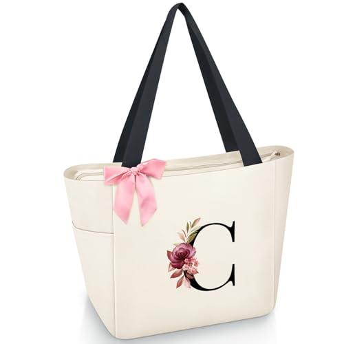 Tote Bag, A-Z Initial Monogrammed Waterproof Tote Bag, Bridesmaid Gifts for Women, Black and Pink (C, Beige)