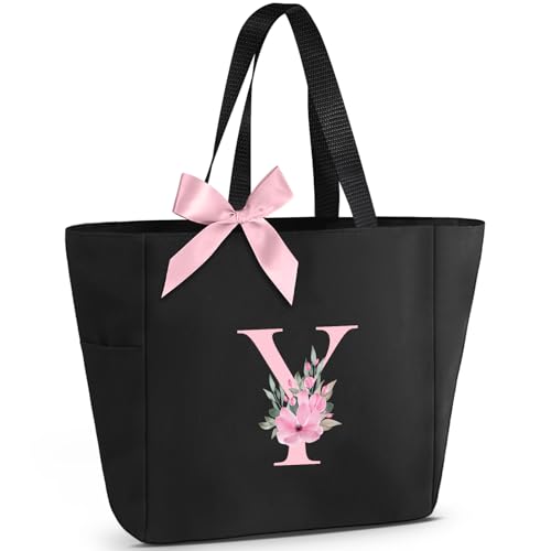 Tote Bag, A-Z Initial Monogrammed Waterproof Tote Bag, Bridesmaid Gifts for Women, Black and Pink (Y, Black)