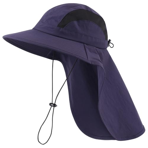 UPF 50+ Wide Brim Mens Sun Hat with Neck Flap Mesh Fishing Hat Wide Flap Summer Beach Bucket Hat for Men Women Navy Blue