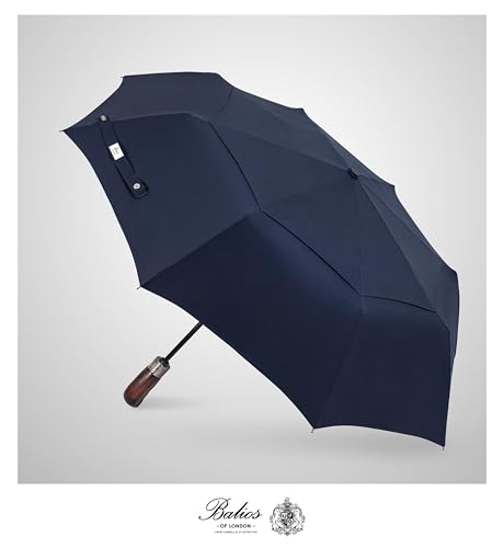 Folding Umbrella Real Wood Handle Auto Open Close Dark Navy