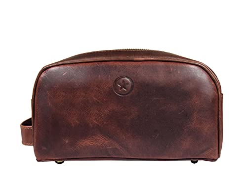 10" Premium Leather Toiletry Travel Pouch With Waterproof Lining