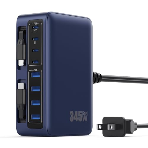 345W USB C Charger 10 in 1 Retractable Wall Charger with 2 Cables