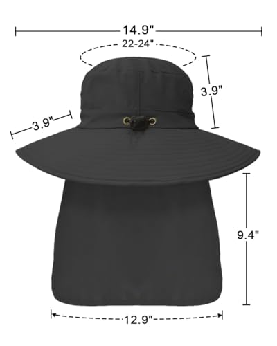 Outdoor Sun Hats with Stowable Neck Flap for Men Women UPF 50+ Mesh Summer Bucket Hat Wide Brim for Fishing Safari Hiking Black