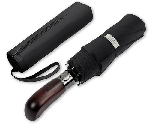 Folding Umbrella Real Wood Handle Auto Open Close Black
