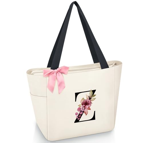 Tote Bag, A-Z Initial Monogrammed Waterproof Tote Bag, Bridesmaid Gifts for Women, Black and Pink (Z, Beige)