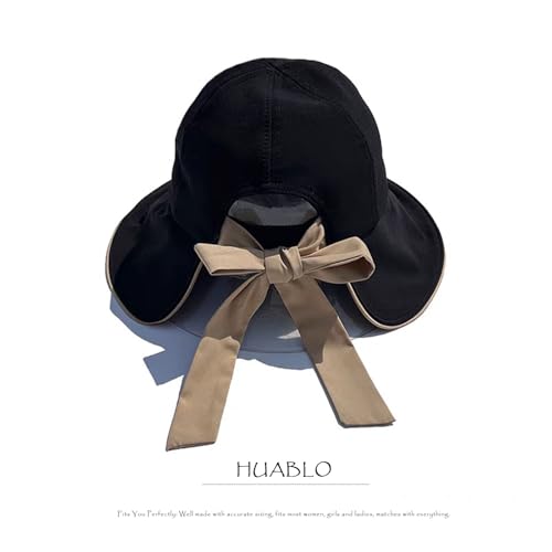 HUALBO Wide Brim Hats for Woman Foldable Hats Sun Hats for Women uv Protection Bowknot Bucket hat Adjustable hat with Ponytail Hole Black