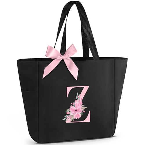 Tote Bag, A-Z Initial Monogrammed Waterproof Tote Bag, Bridesmaid Gifts for Women, Black and Pink (Z, Black)