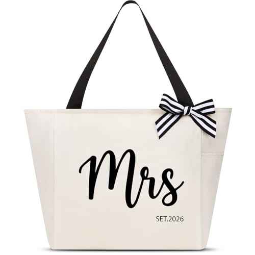 Tote Bag, A-Z Initial Monogrammed Waterproof Tote Bag, Bridesmaid Gifts for Women, Black and Pink (Mrs, Beige)