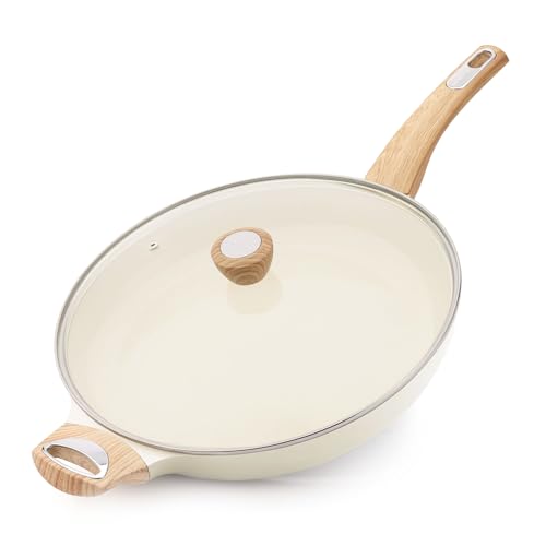 12.5inch Ceramic Nonstick Frying Pan Paella Pan with Lid
