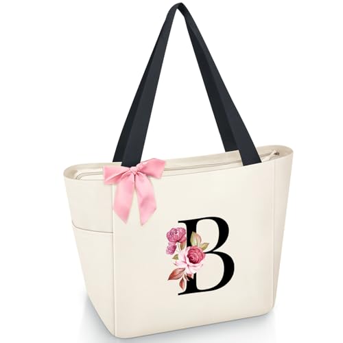 Tote Bag, A-Z Initial Monogrammed Waterproof Tote Bag, Bridesmaid Gifts for Women, Black and Pink (B, Beige)