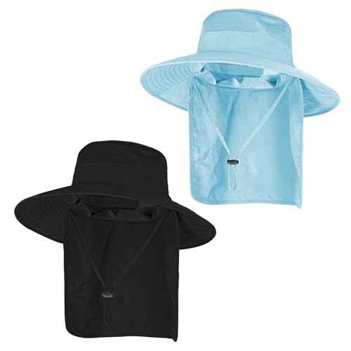 2Pack Sun Hats for Men Women Fishing Hat UPF 50+ Breathable Wide Brim Bucket Hats Summer UV Protection Safari Hat with Neck Flap Black