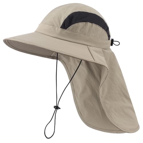 UPF 50+ Wide Brim Sun Hat with Neck Flap for Men Women UV Protection Bucket Hat for Fishing Gardening Hiking Beach Safari Vert Khaki