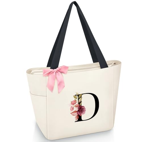 Tote Bag, A-Z Initial Monogrammed Waterproof Tote Bag, Bridesmaid Gifts for Women, Black and Pink (D, Beige)