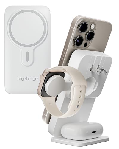 EcoHub 3-in-1 Magnetic Wireless Charger & Battery Pack for iPhone, iWatch, AirPods - 6,000mAh Battery | Built-in Wall Plug | 15W Magsafe Wireless Output | Foldable | Charging Station | White