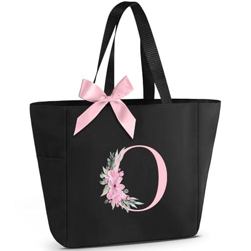 Tote Bag, A-Z Initial Monogrammed Waterproof Tote Bag, Bridesmaid Gifts for Women, Black and Pink (O, Black)