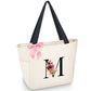 Tote Bag, A-Z Initial Monogrammed Waterproof Tote Bag, Bridesmaid Gifts for Women, Black and Pink (M, Beige)