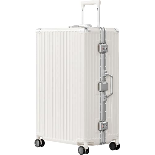 Luggage PC+ABS Aluminum Frame Zipperless Checked Luggage Hard Shell Suitcase with TSA Lock Double Spinner Wheels 28 Inch White