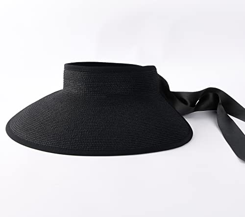 Women's Straw Sun Visor Hat UPF Wide Shade Ponytail Summer Hat
