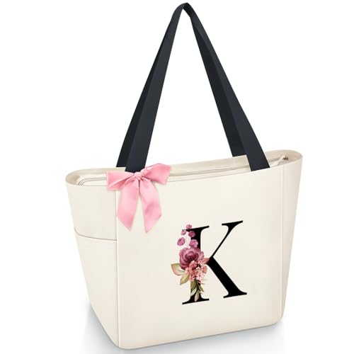 Tote Bag, A-Z Initial Monogrammed Waterproof Tote Bag, Bridesmaid Gifts for Women, Black and Pink (K, Beige)