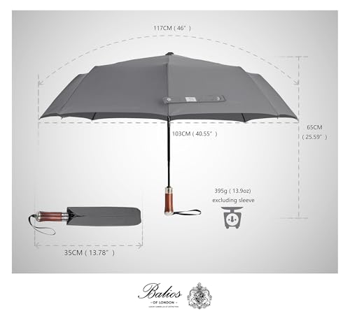 Folding Umbrella Lux Hardwood Handle Auto Open Close Metallic Gray