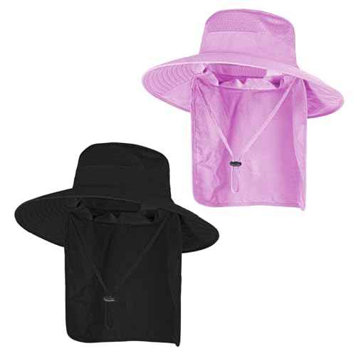 2Pack Sun Hats for Men Women Fishing Hat UPF 50+ Breathable Wide Brim Bucket Hats Summer UV Protection Safari Hat with Neck Flap Black