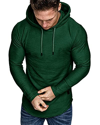 Mens Fashion Athletic Hoodies Sport Sweatshirt Solid Color Fleece Pullover Dark green
