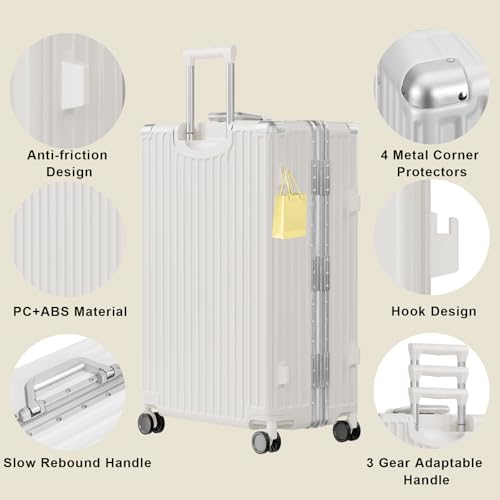 Luggage PC+ABS Aluminum Frame Zipperless Checked Luggage Hard Shell Suitcase with TSA Lock Double Spinner Wheels 24 Inch White
