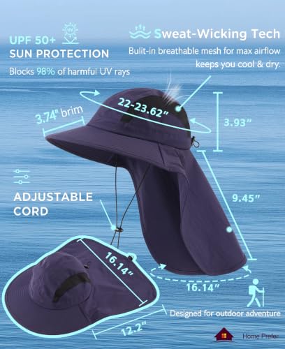 UPF 50+ Wide Brim Mens Sun Hat with Neck Flap Mesh Fishing Hat Wide Flap Summer Beach Bucket Hat for Men Women Navy Blue